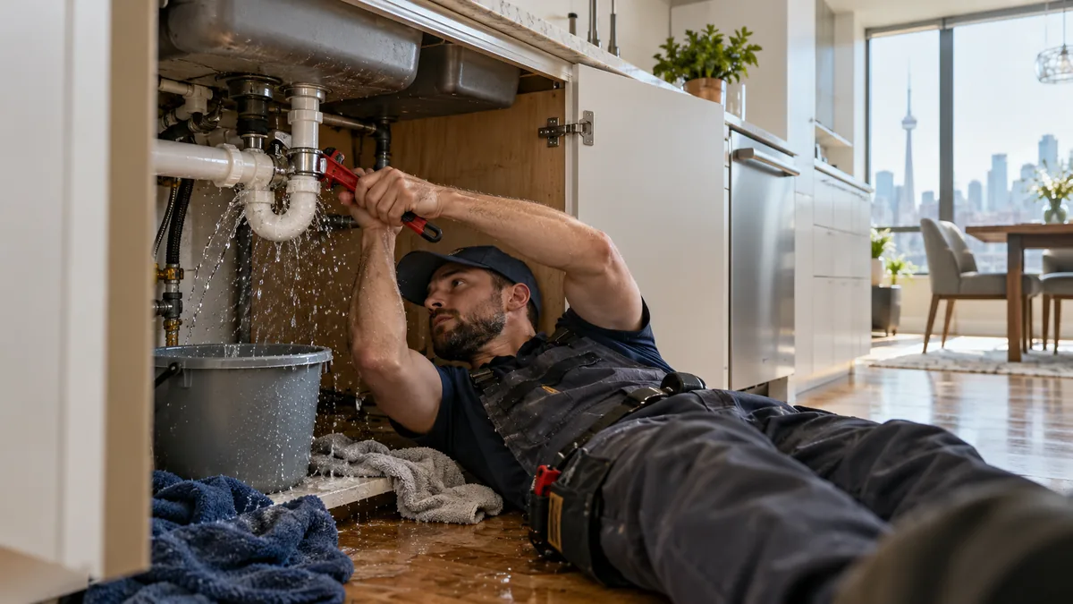 Plumber lying under a kitchen sink tightening a leaking pipe with a wrench