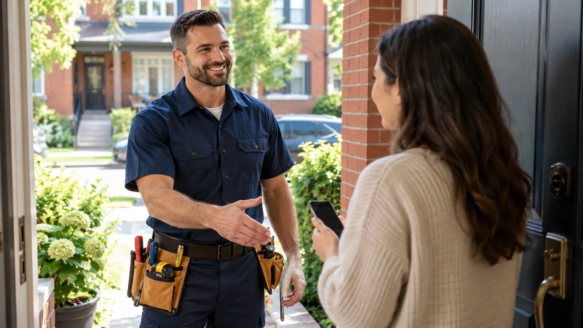 Smiling licensed plumber with a tool belt greeting a homeowner at her front door