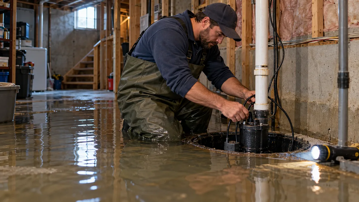 Plumber in waders working on a sump pump in a flooded basement