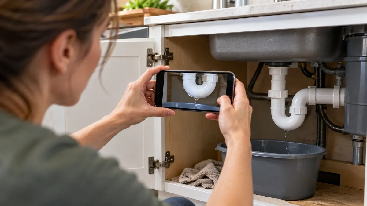 Homeowner taking a phone photo of a leaking pipe under her kitchen sink to text to us