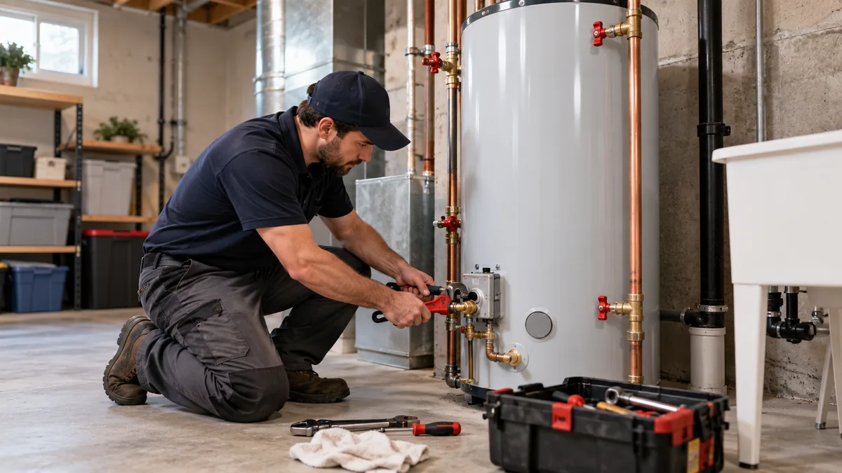 Plumber kneeling beside a basement water heater, tightening a copper fitting