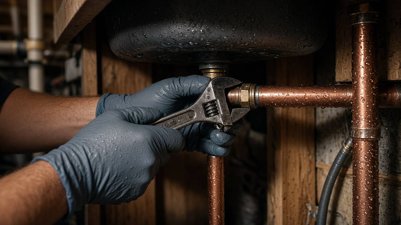 Plumber tightening a fitting on a copper water pipe