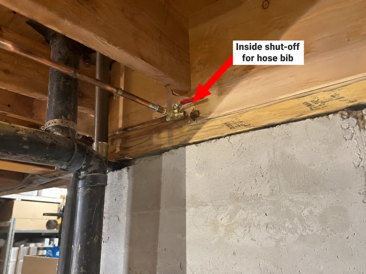 Small inside shut-off valve on the hose bib supply line near the basement rim joist