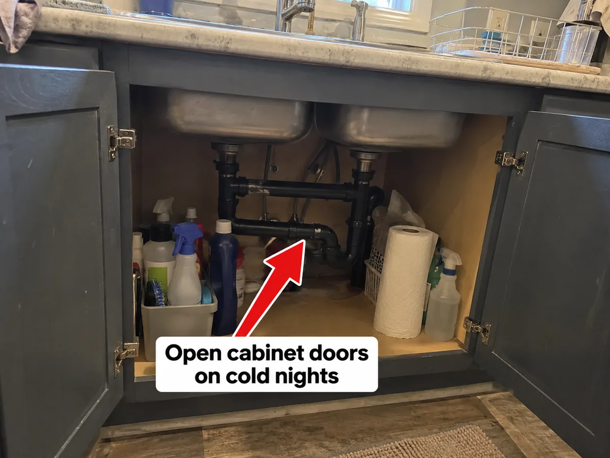 Open kitchen sink cabinet showing drain and supply pipes