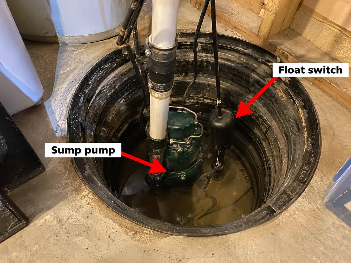 Sump pit with a submersible pump and a vertical float switch