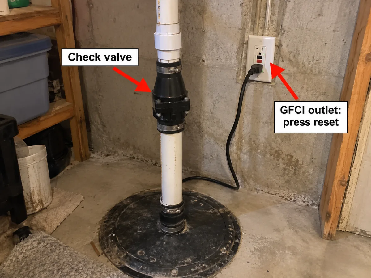 Sump discharge pipe with an inline check valve and a GFCI outlet on the wall