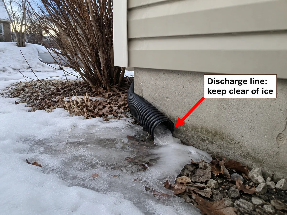 Sump discharge hose at a house foundation partly blocked by ice in late winter
