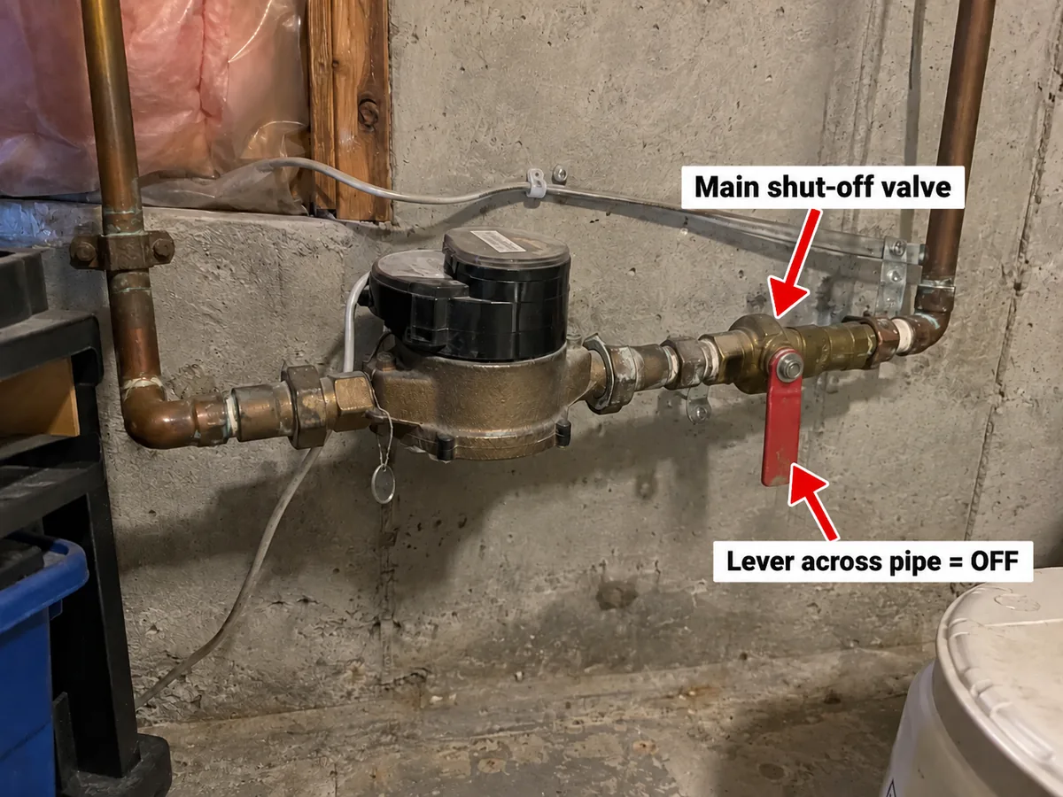Main water shut-off valve with red lever on a copper line beside the water meter in an unfinished basement