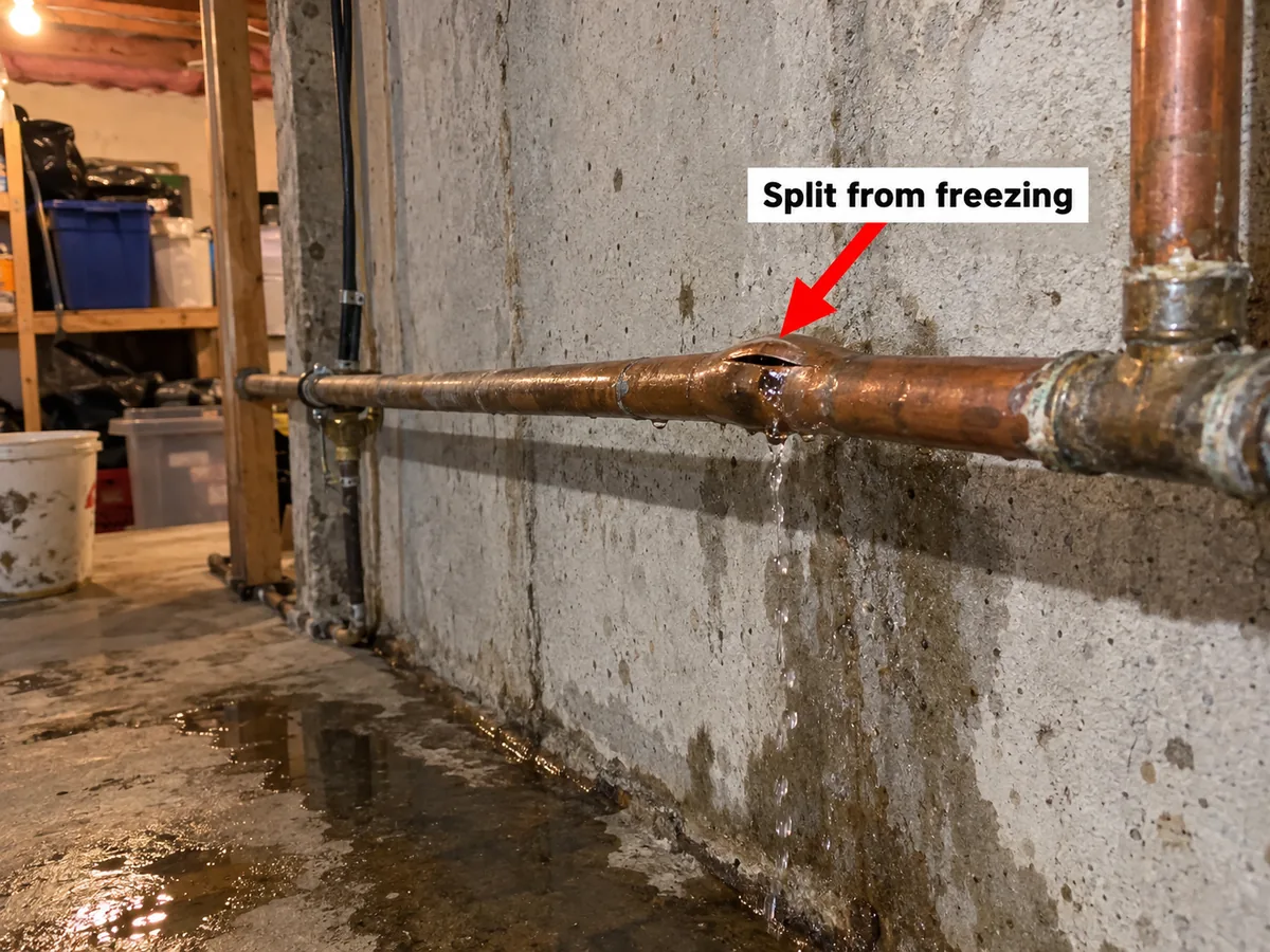 Copper pipe along a basement wall with a split from freezing and water on the floor