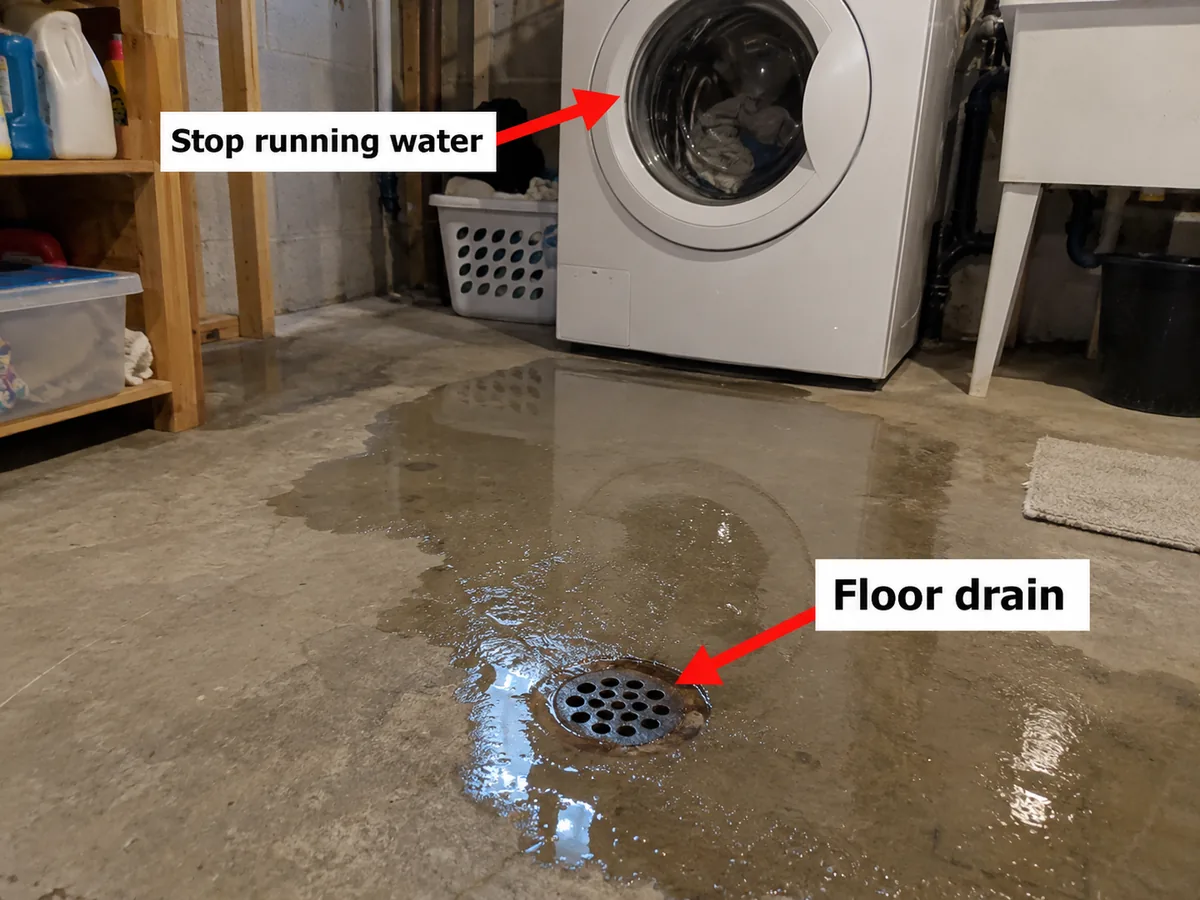 Basement laundry area with water pooled around a floor drain