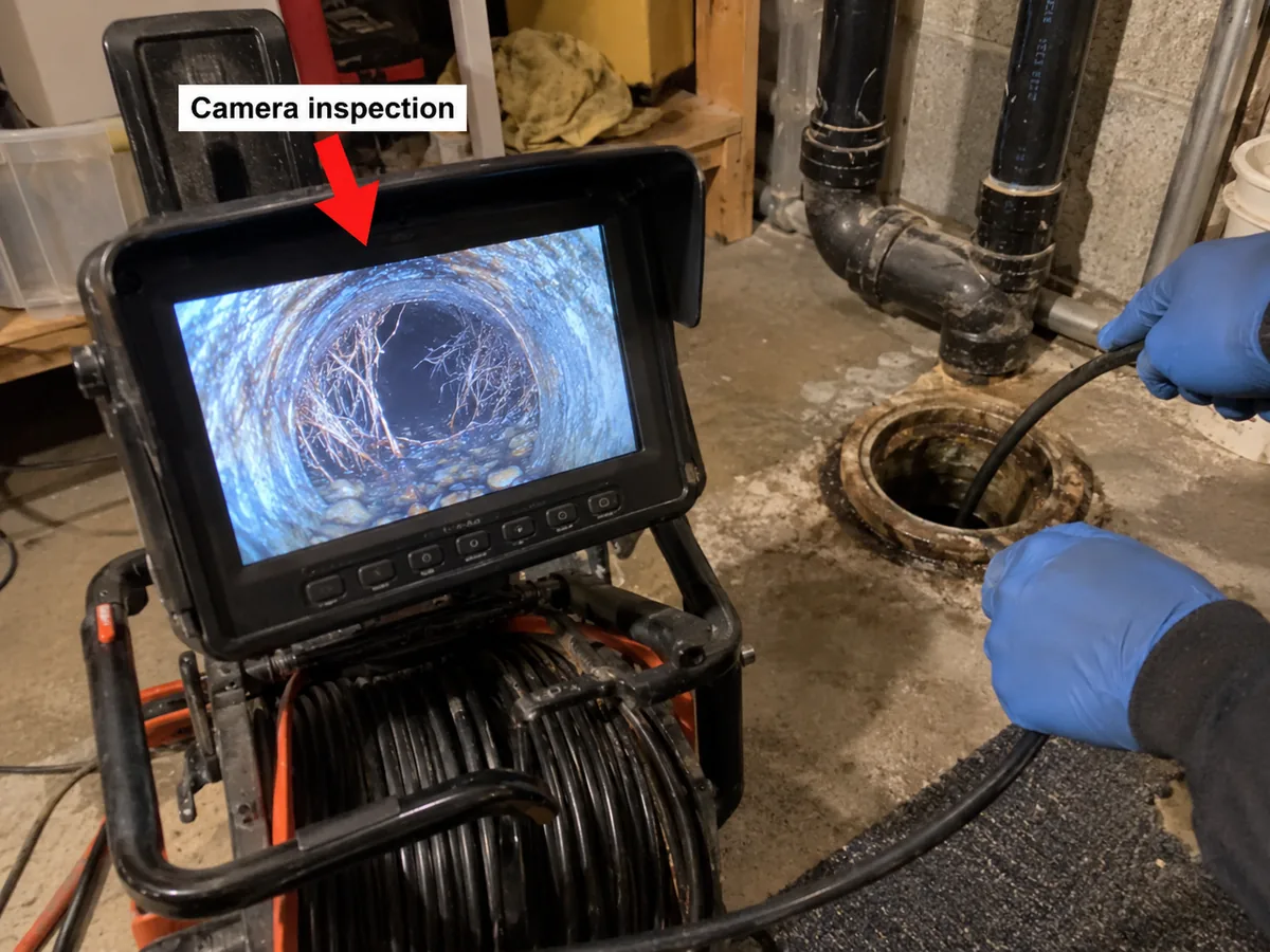 Sewer camera screen showing roots inside a drain pipe
