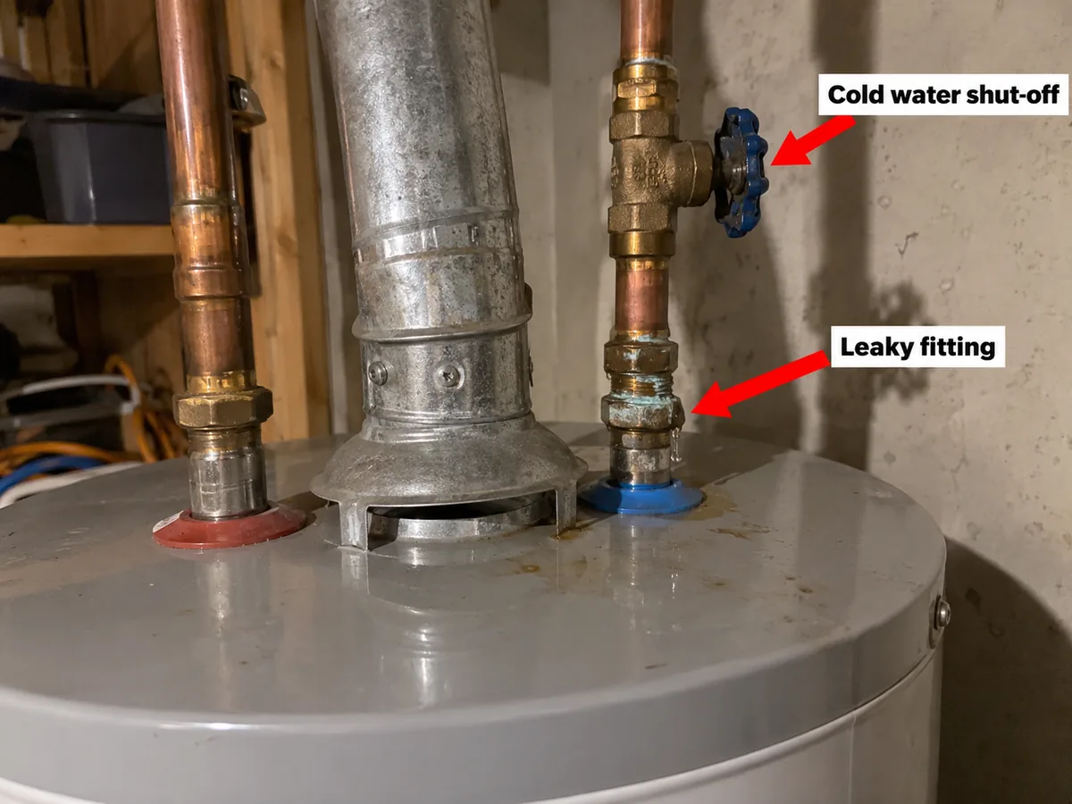 Top of a water heater with the cold water shut-off valve and a damp fitting