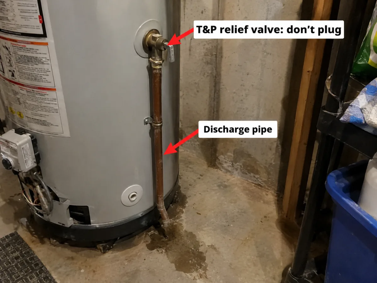 Temperature and pressure relief valve on a water heater with a discharge pipe running down