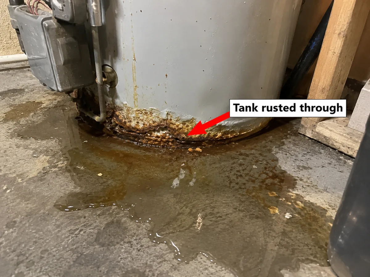 Rusted base of an old water heater tank with water pooling on the floor