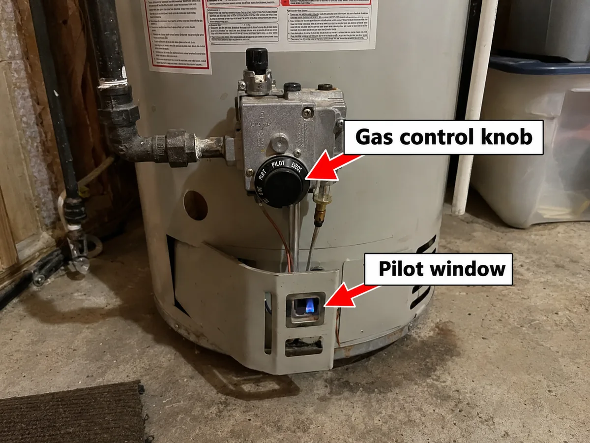 Gas water heater control knob and pilot viewing window