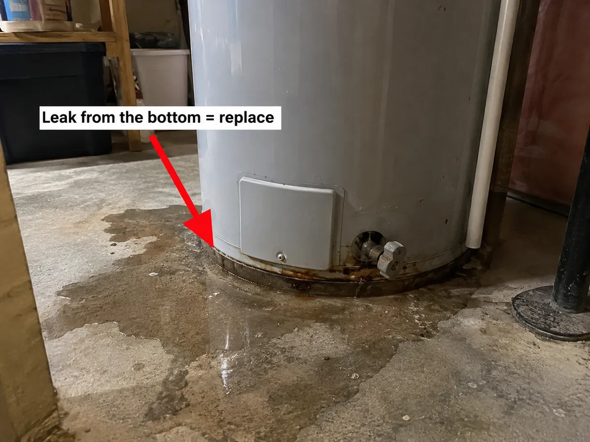 Water pooling on the floor around the base of a water heater