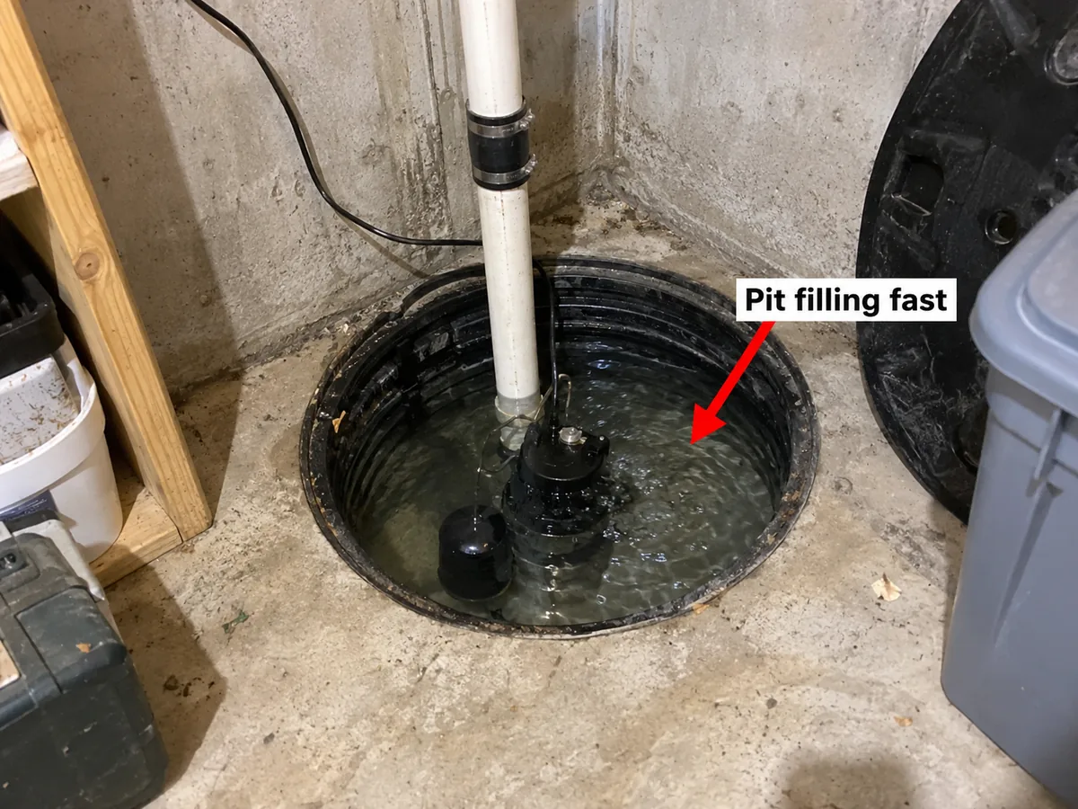Sump pit almost full of clear groundwater with the pump running
