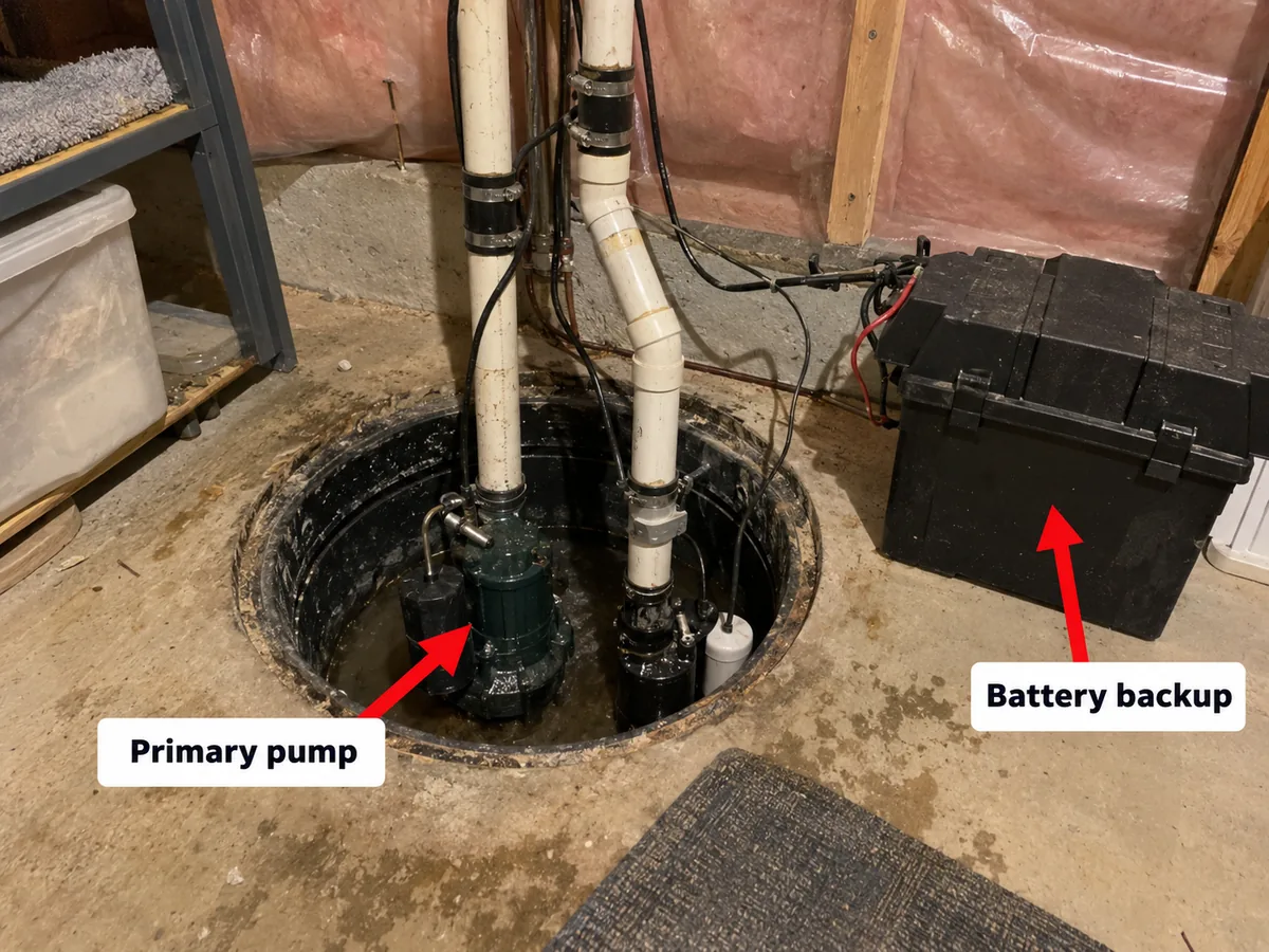 Sump pit with a primary pump and a backup pump with a battery box beside it