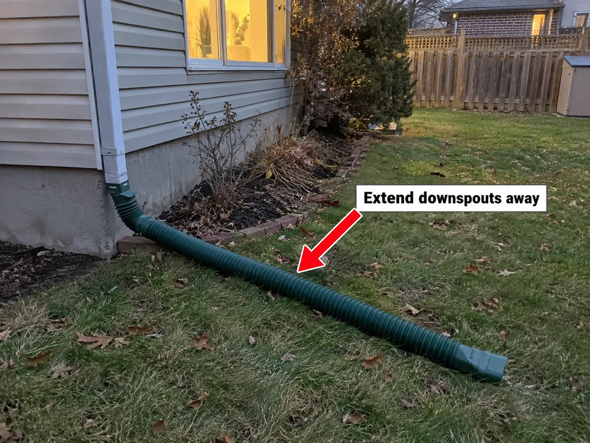 Downspout extension running across a back lawn away from the house