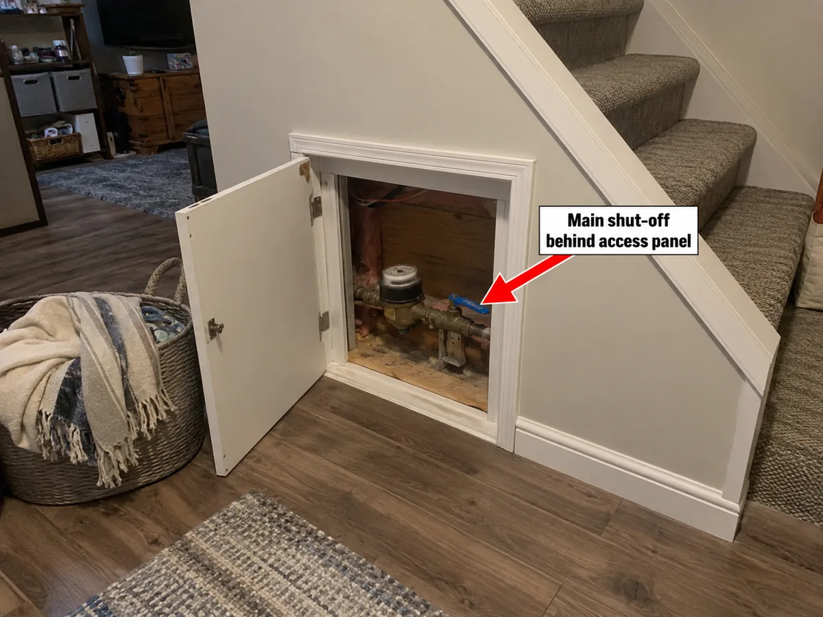 Open access panel under basement stairs showing the water meter and shut-off valve