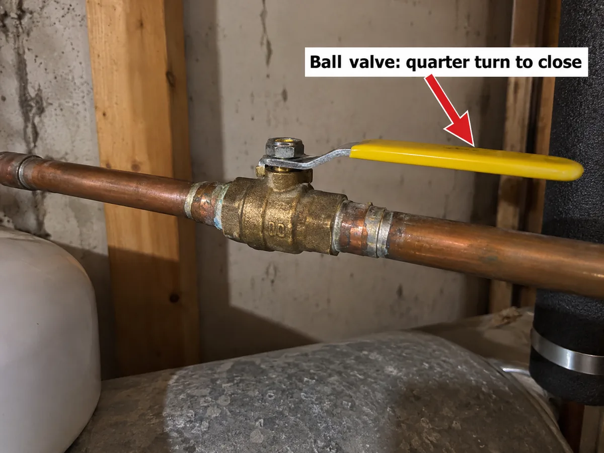 Brass ball valve with a yellow lever on a copper pipe