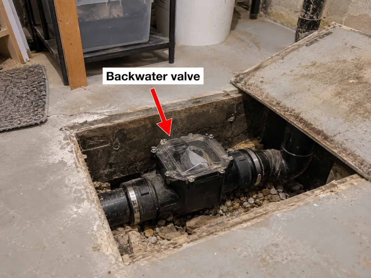 Backwater valve with a clear inspection lid under an opened basement floor access cover