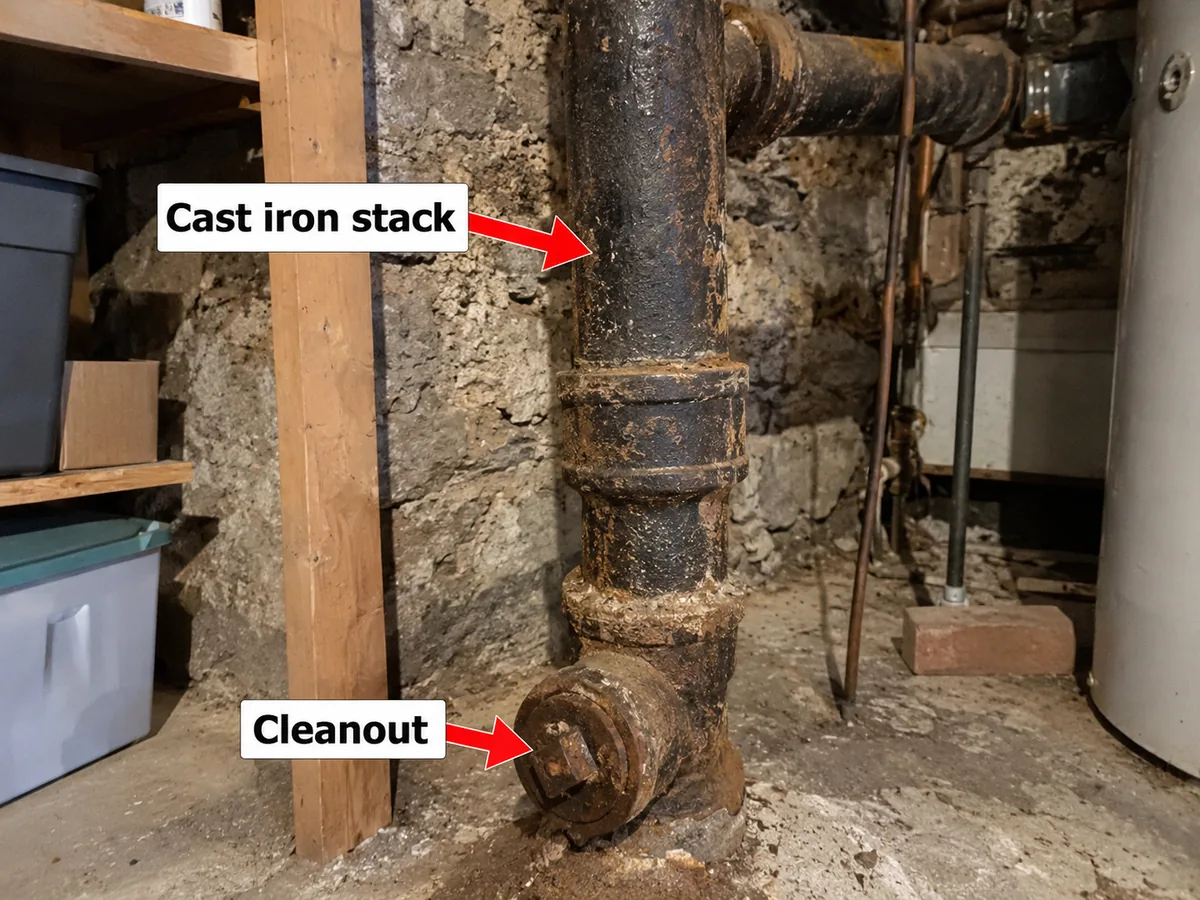 Old cast iron soil stack with rust and scale and a cleanout at the base