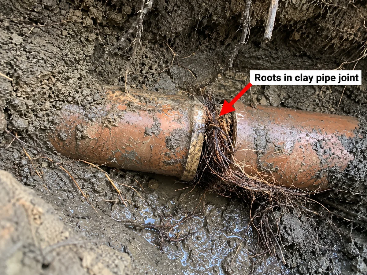 Dug-up clay sewer pipe with tree roots growing through a joint